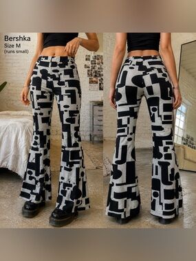 Bershka Womens Medium Black + grey Geometric Flare Pants Y2K Stretch Knit Boho